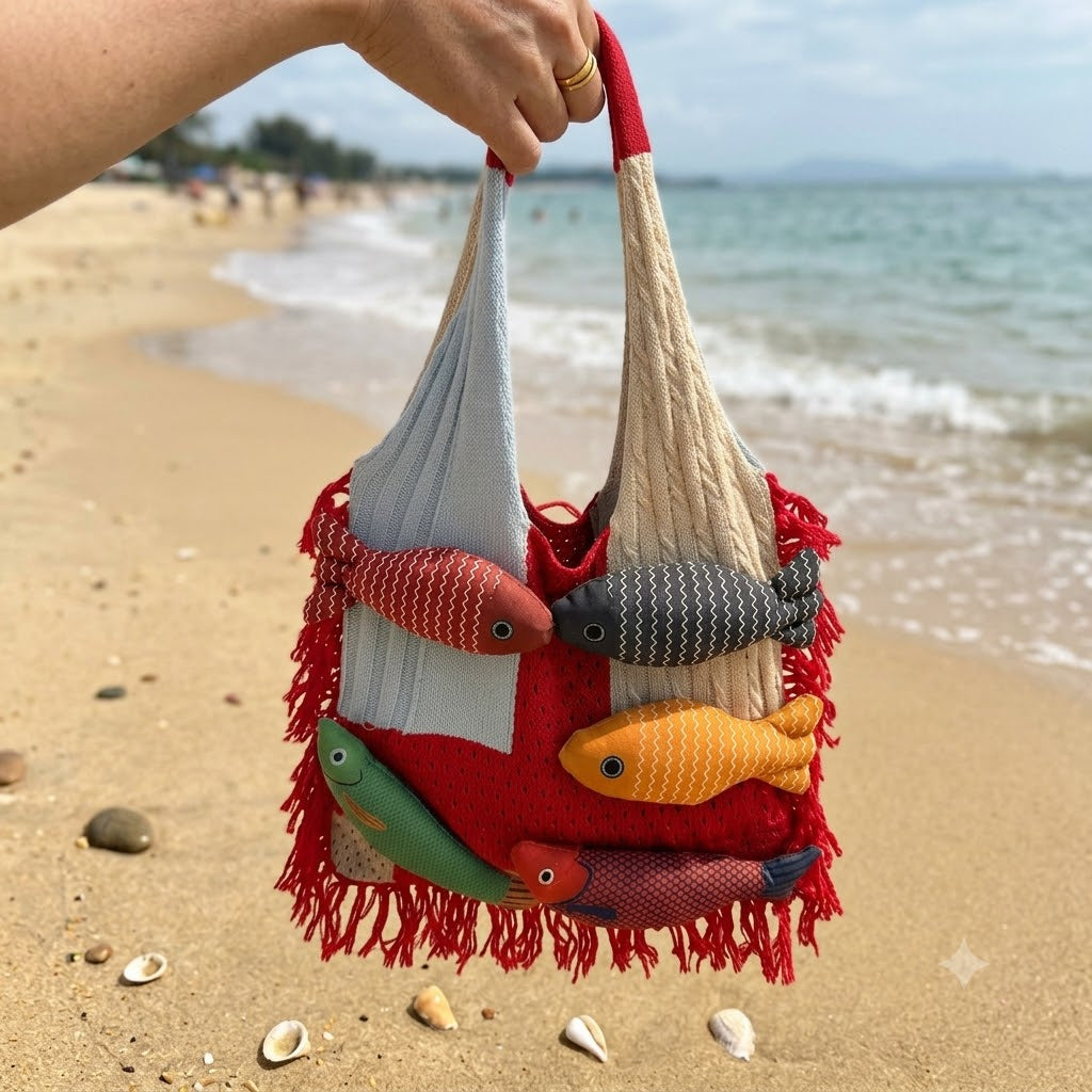 Boho 3D Fish Applique Knitted Beach Tote
